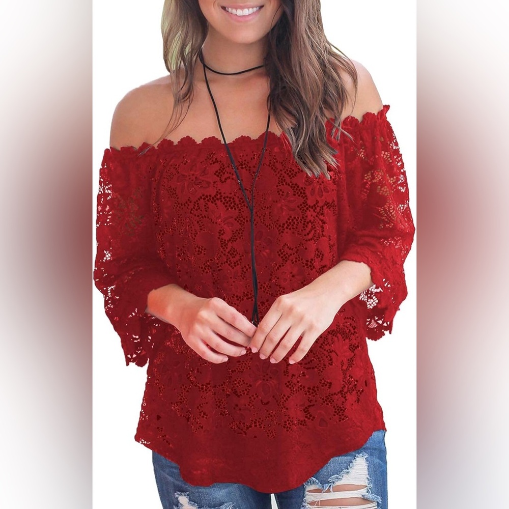 Off-Shoulder Lace Blouse - Red - Picture 2 of 7